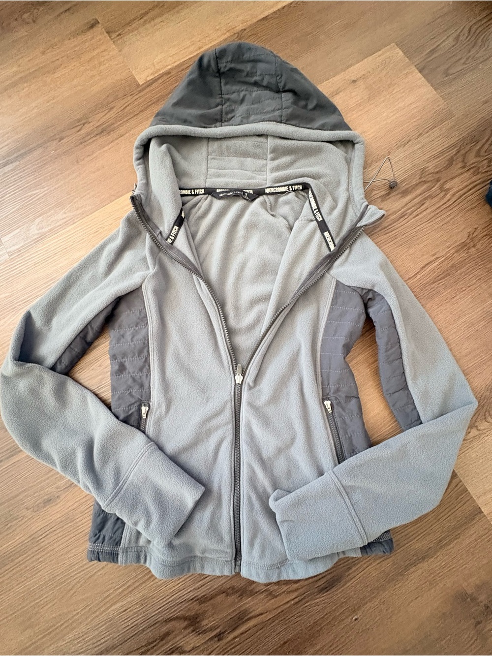 Abercrombie & Fitch Light Gray Hooded Fleece Jacket with Quilted Panels